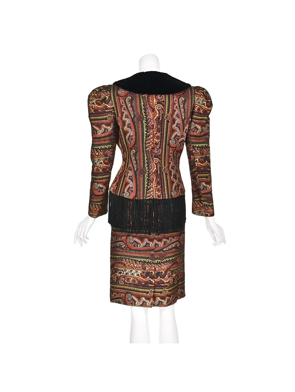 ZANDRA RHODES Rare '80s Jacquard Suit w/Velvet Lapels & Long Black Fringe, SZ SM - Picture 7 of 9